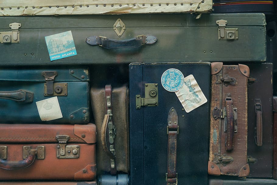 bagasi, koper, tas, perjalanan, stiker, logam, tidak ada orang, tua, keamanan, hari