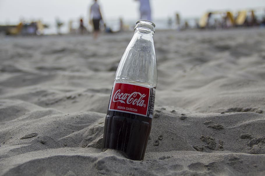 half, filled, coca-cola soda bottle, drink, coca cola, beach, soft drink, sand, bottle, holiday
