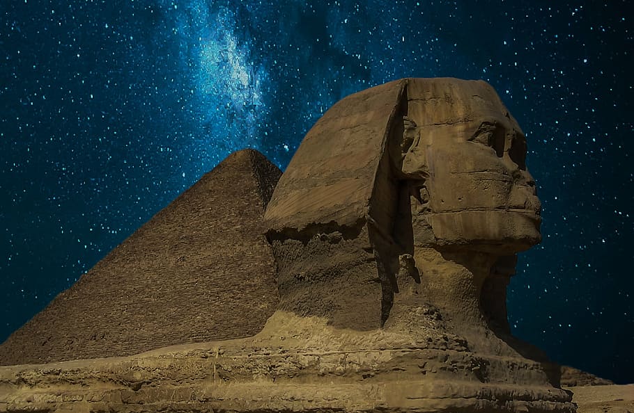 sphinx, pyramid, cairo, giza, egypt, pyramids of giza, egyptian pyramids, night sky, monuments, night