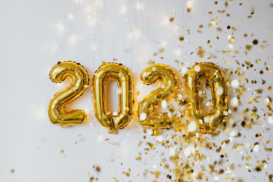 2020, véspera de ano novo, festa de ano novo, balões, ouro, dourado, confete, festa, festivo, diversão