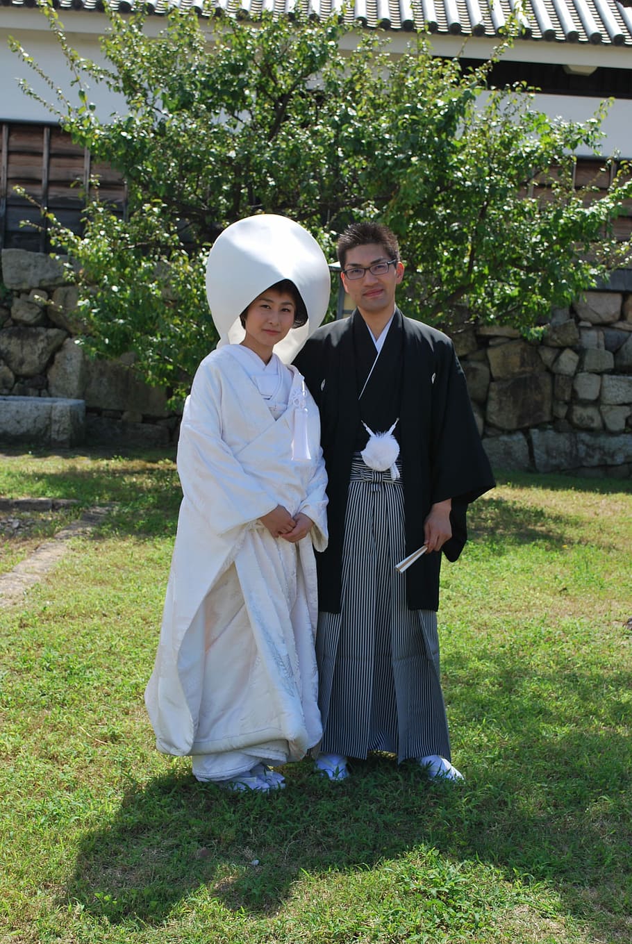 Pernikahan, Tradisional, Orang-orang, Jepang, pasangan, Pakaian tradisional, di luar ruangan, wanita, Etnis Timur Tengah, tersenyum