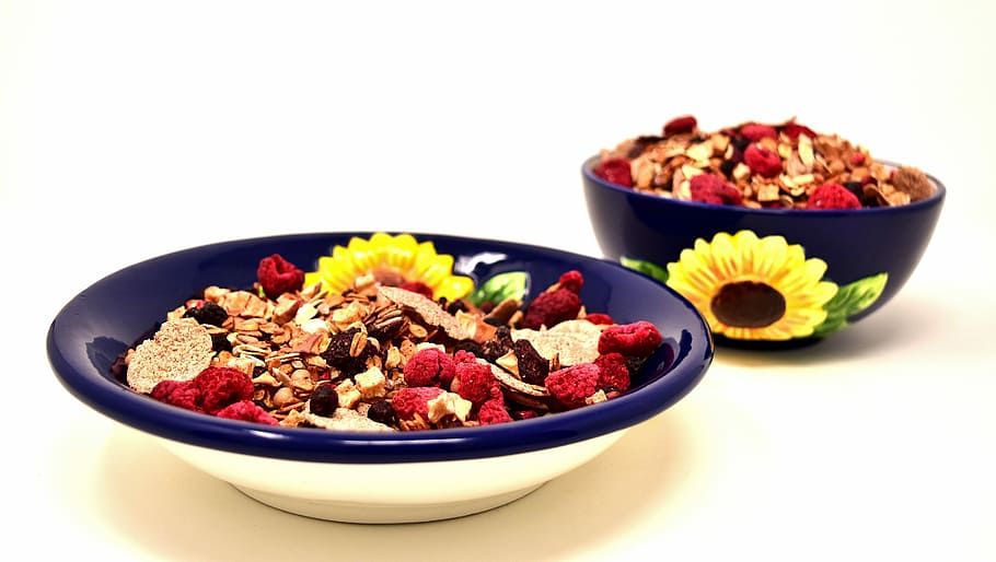 assorted-color mushrooms, muesli, bowl, healthy, food, eat, müesli, cereals, oatmeal, raisins