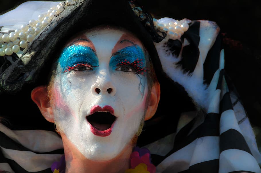 person, wearing, painting face, face, clown, parade, expression, theatrics, white, makeup