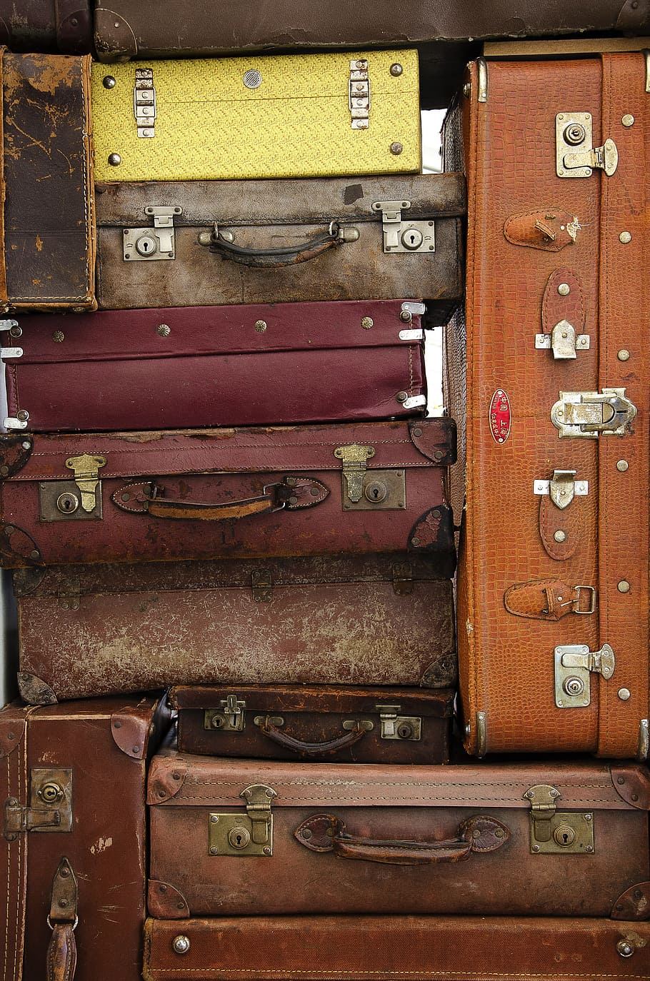 case, retro, handle, bagasi, vintage, koper, kulit, perjalanan, pariwisata, tumpukan