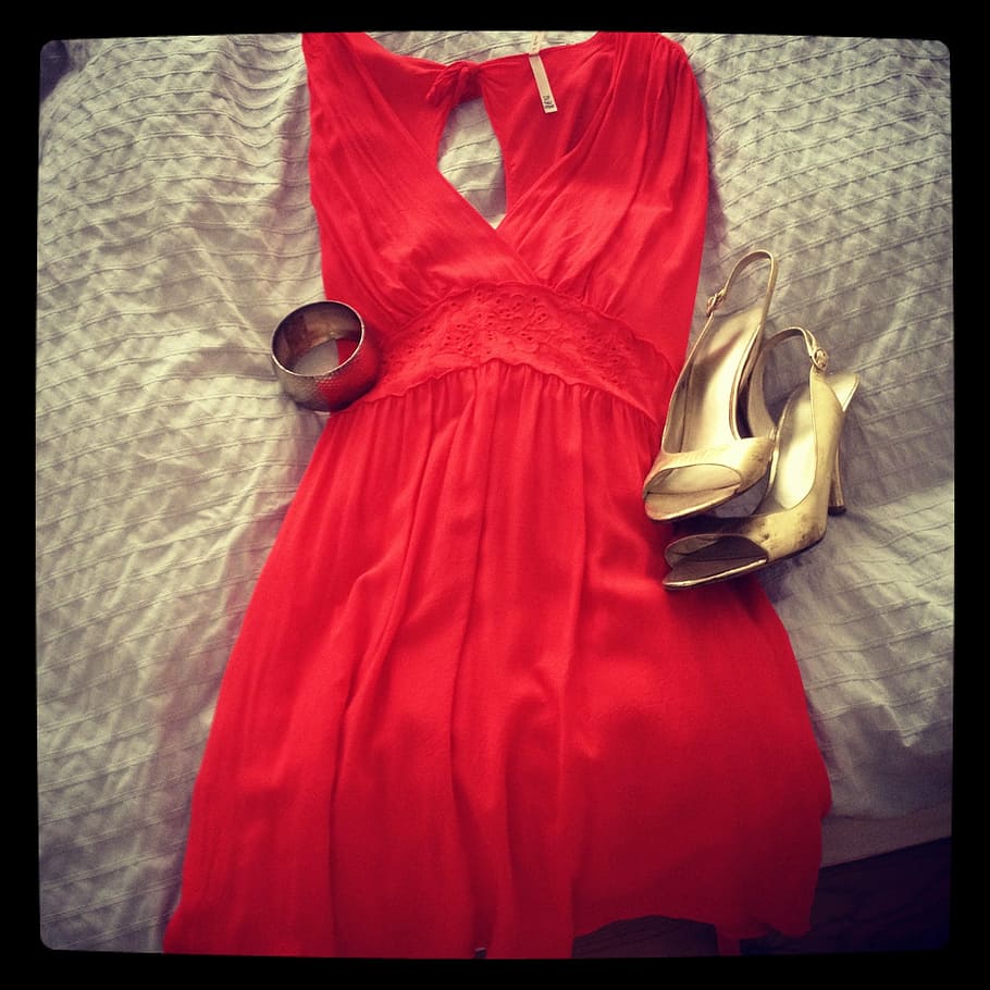 red, sleeveless v-neck, top, white, textile, dress, fashion, shoes, heels, high heels