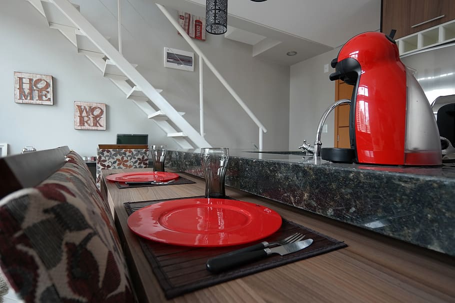 red, gray, coffeemaker, marble-top counter, apartment, internal, loft, coffee machine, american game, dishes