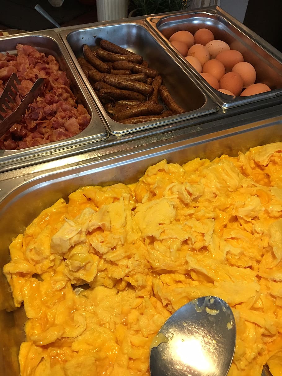ovos mexidos, bacon, salsicha, comida, ovo, restaurante, buffet, café da manhã, gastronomia, buffet de café da manhã