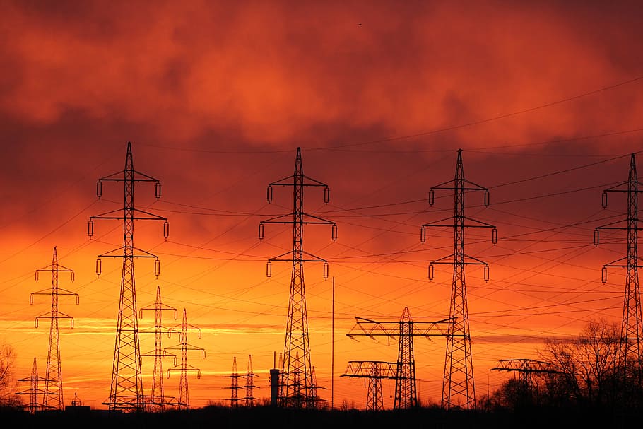 energy revolution, current, evening sun, sunset, sky, electricity pylon, silhouette, cloud - sky, electricity, technology