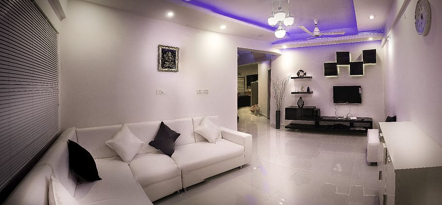 white, sectional, couch, front, wooden, sideboard, hall, apartment, interior, design
