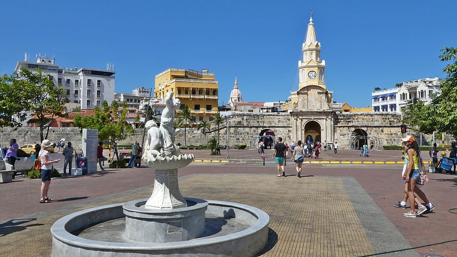plaza, fountain, clock tower building, daytime, caribbean, colombia, cartagena, holiday, castle, convento de la popa