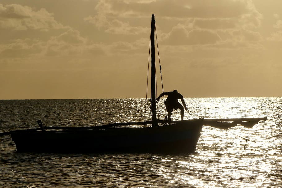 sundown, sea, boat, fisherman, water, sky, horizon over water, real people, waterfront, horizon