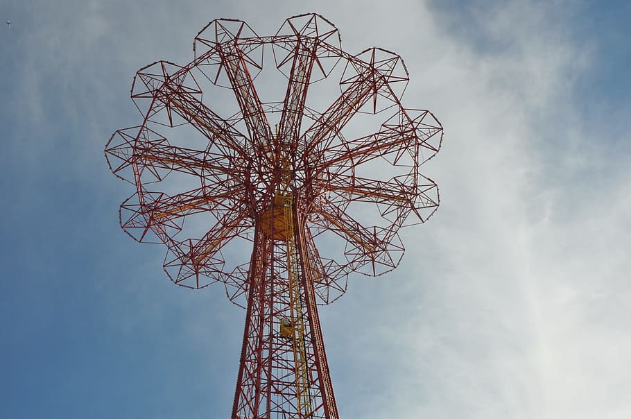coney island, parachute jump, amusements, low angle view, sky, tall - high, nature, amusement park ride, metal, amusement park