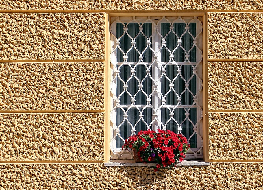 red, flowers, white, apron window, Window, Grilles, Grid, Old, window grilles, facade