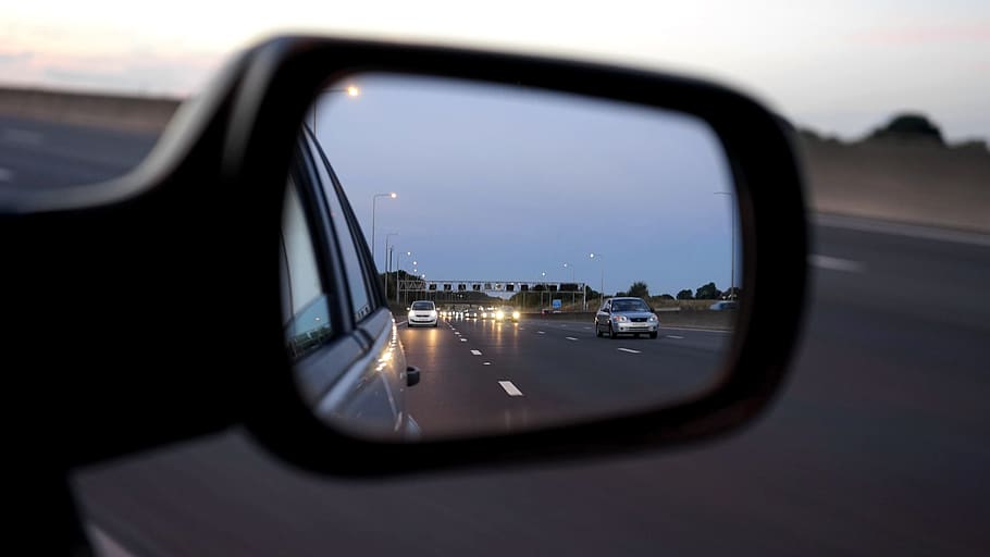 vehicle side mirror, car, mirror, vehicle, road, automobile, transportation, transport, driving, drive