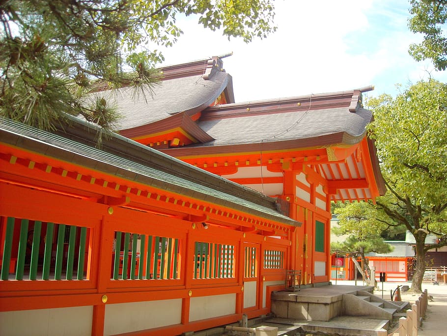 sumiyoshi shrine, fukuoka, hakata, japan, architecture, traditional, built structure, tree, building exterior, building