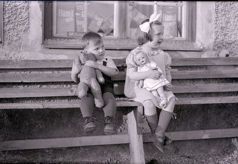children, small, formerly, old picture, doll, bear, bank, old, teddy bear, teddy