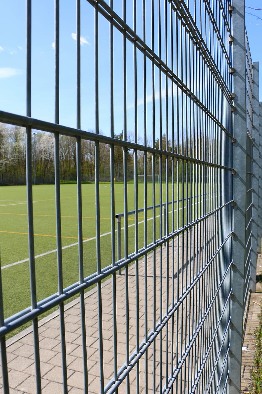 fence, fencing, sports ground, football pitch, rush, lines, grid, architecture, steel, gate