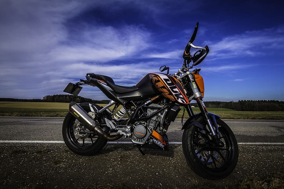 orange, black, ktm duke motorcycle, motorcycle, ktm, duke, sky, road, landscape, view