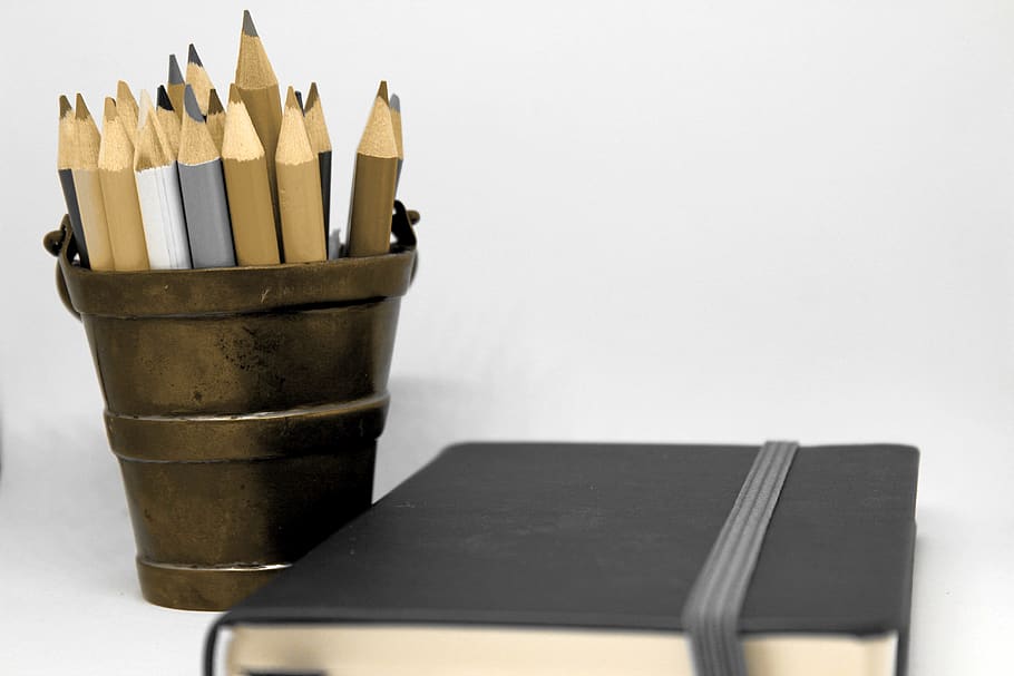 pencils, notebook, brass, bucket, diary, holder, note, book, pad, backdrop