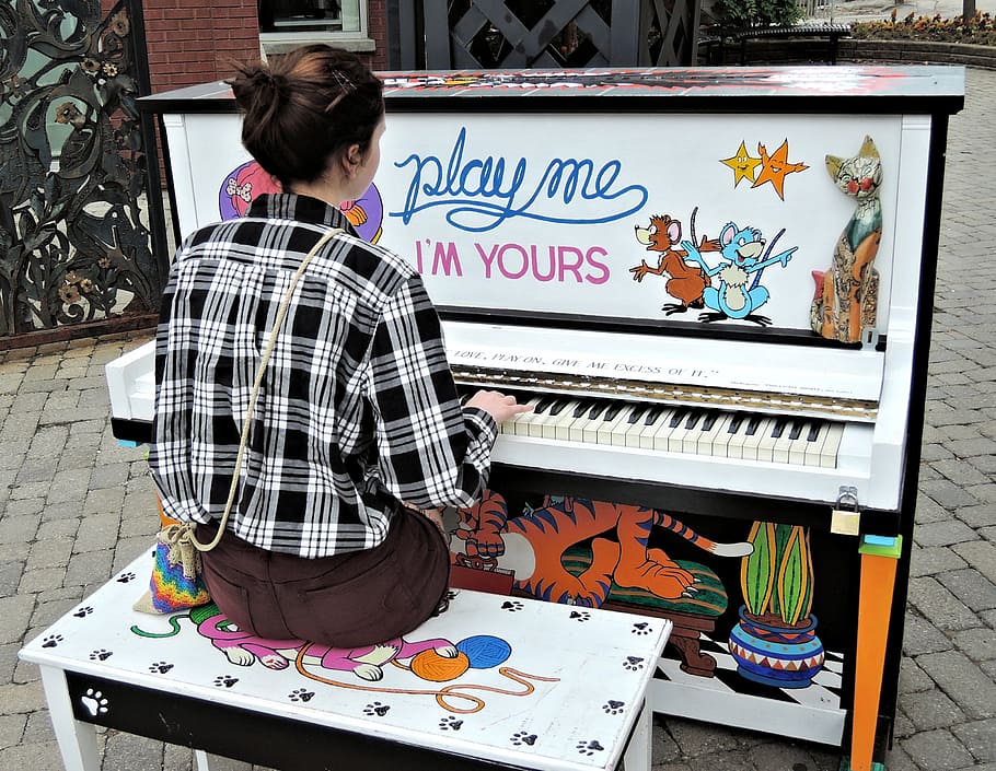 woman, playing, piano, outside, daytime, pianist, outdoor piano, girl, city, canada