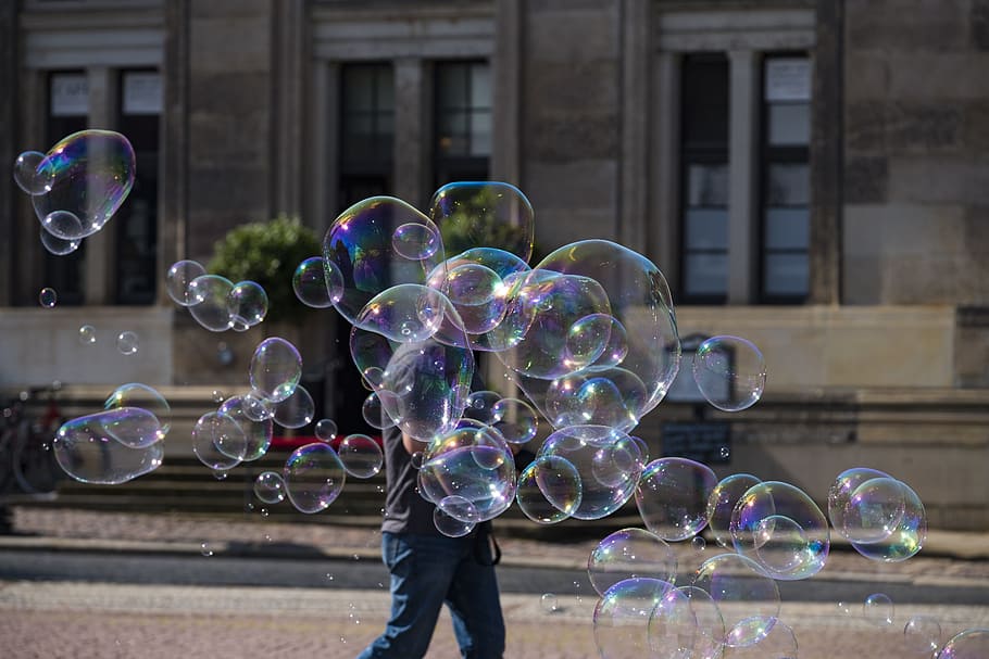 blow, soap bubbles, colorful, iridescent, float, fly, ease, ball, street art, art