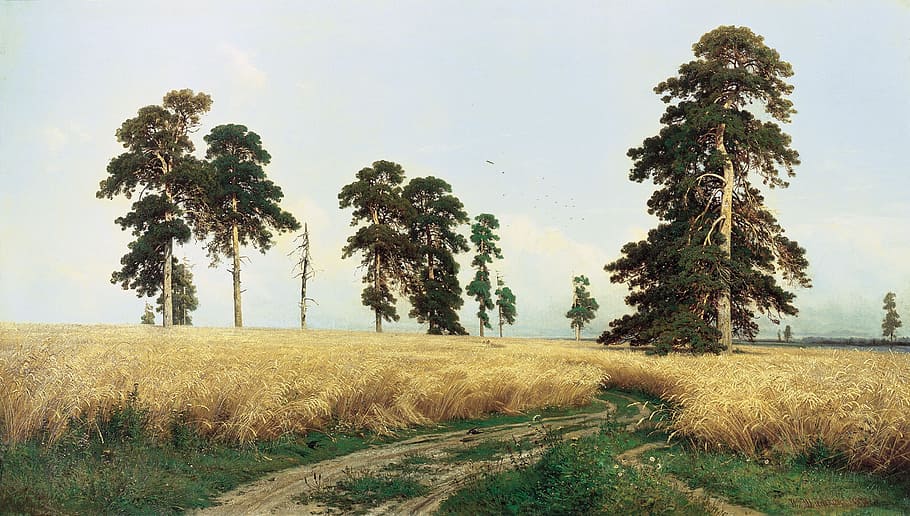 gray, grass, tree, blue, sky, grain, wheat, rye, rye field, painting