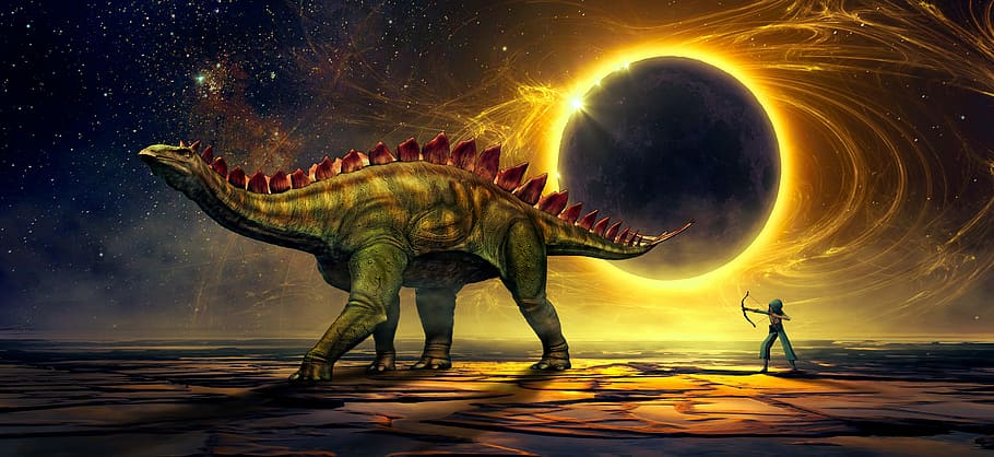 pessoa, apontando, seta, frente, dinossauro, solar, eclipse, papel de parede, fantasia, ficção científica