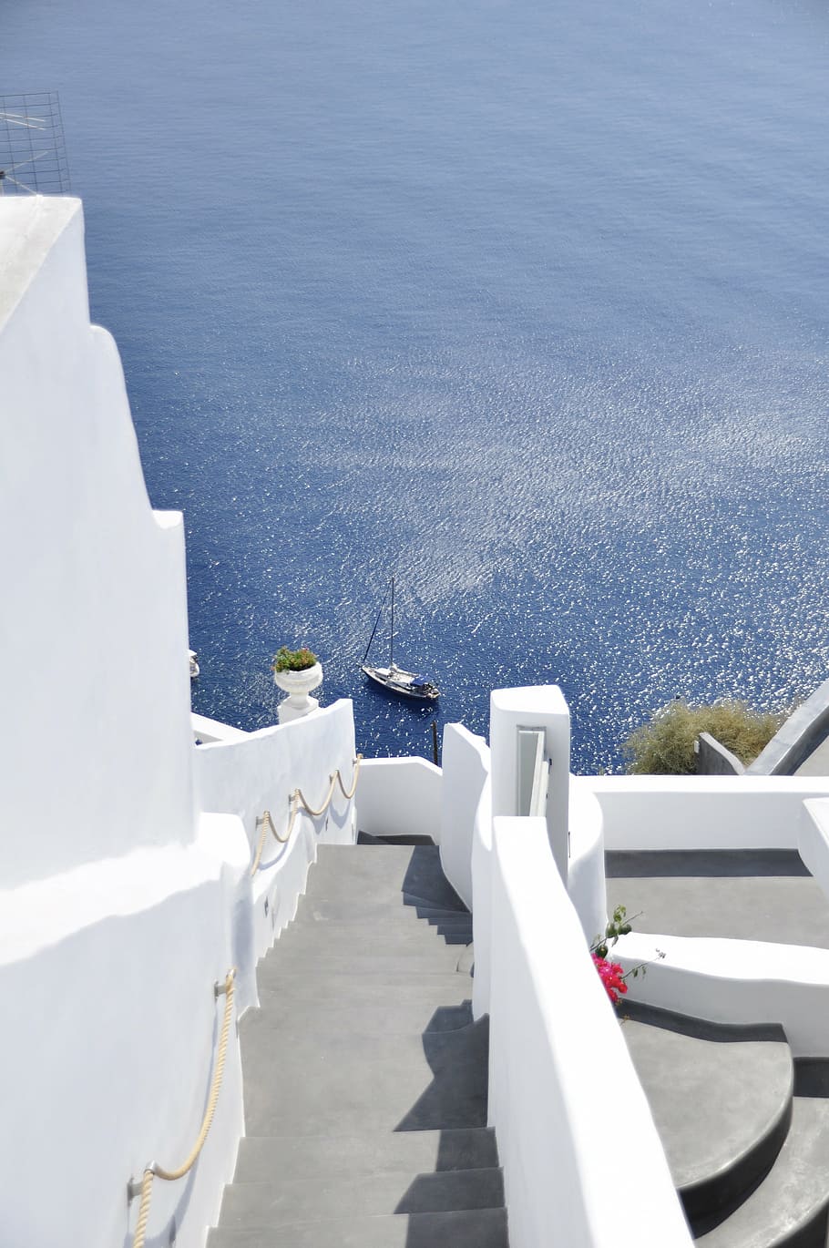 staircase building, sea, boat, daytime, steps water sea, greece, santorini, mediterranean, water, nature