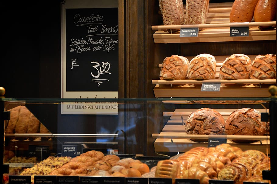 baked, display counter, Bakery, Indoors, Bread, Shelves, bread shelves, farmer's bread, baked goods, been award