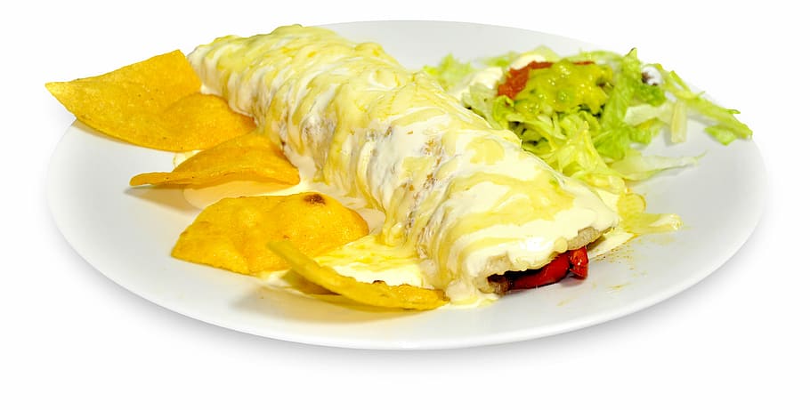 round, white, ceramic, plate, burrito gratin, nachos, gratin, food, mexican, food and drink