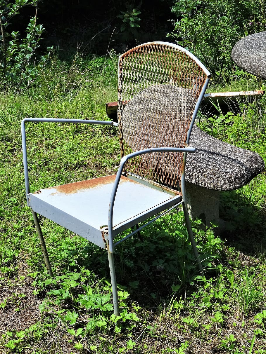 stainless, metal, alu, chair, rest, rusted, rusty, decay, plant, grass