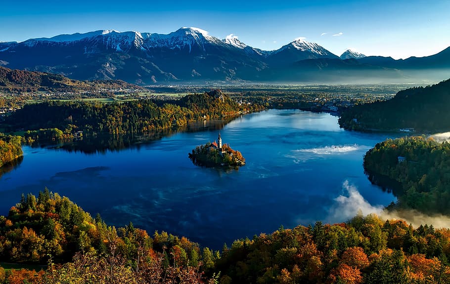 aerial, photography, body, water, surrounded, trees, bled, slovenia, fall, autumn