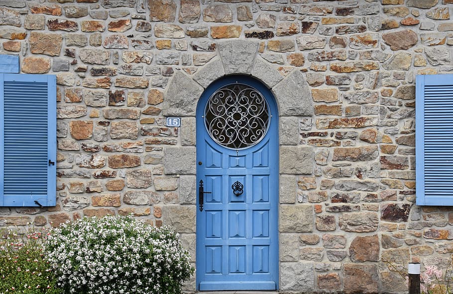 house gate, door with arch, front door, round door with stained glass window, blue door, entry, stone wall, old house, built structure, architecture