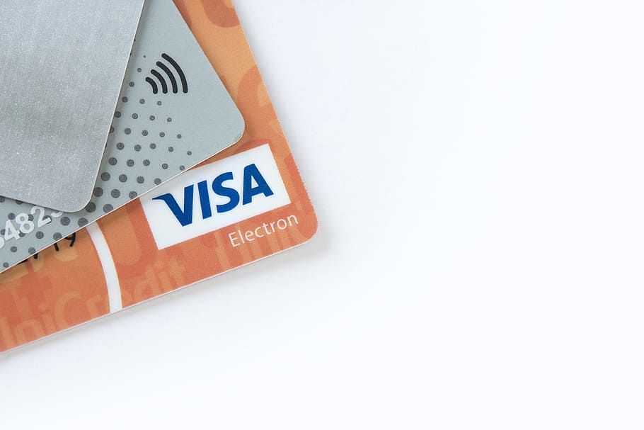 oranye, kartu visa, atas, putih, permukaan, pembayaran elektronik, kartu bank, e-commerce, kartu plastik, uang