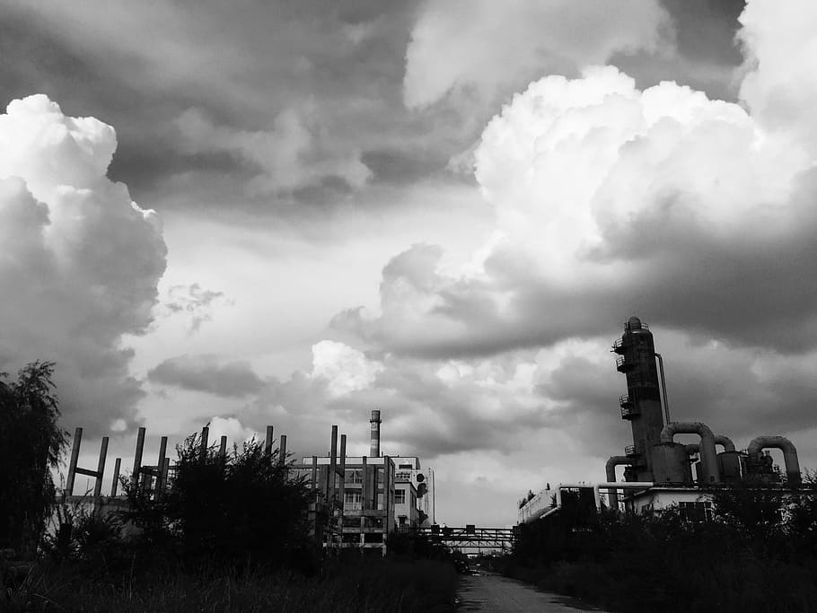 waste plant, black and white, light and shade, cloud - sky, sky, architecture, built structure, building exterior, nature, industry