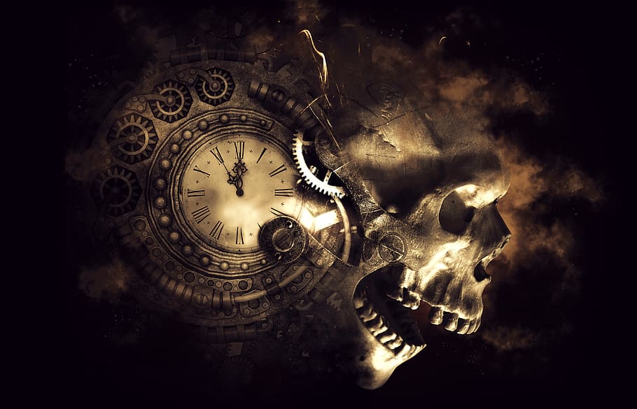 cráneo, huesos del cráneo, muerte, máquina de la muerte, máquina del tiempo, cyberpunk, steampunk, surrealista, etéreo, oscuro