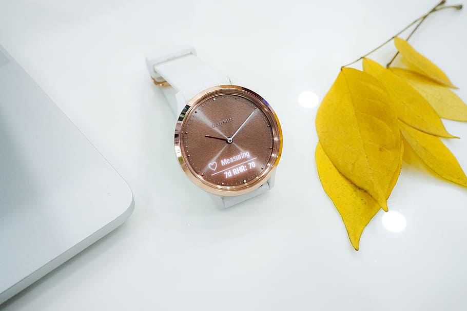 jam tangan, jam tangan pintar, kuning, daun, waktu, teknologi, pintar, dapat dipakai, modern, tampilan
