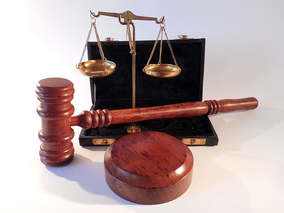 brown, gavel, brass-colored balancing scale, hammer, horizontal, court, justice, right, law, case law