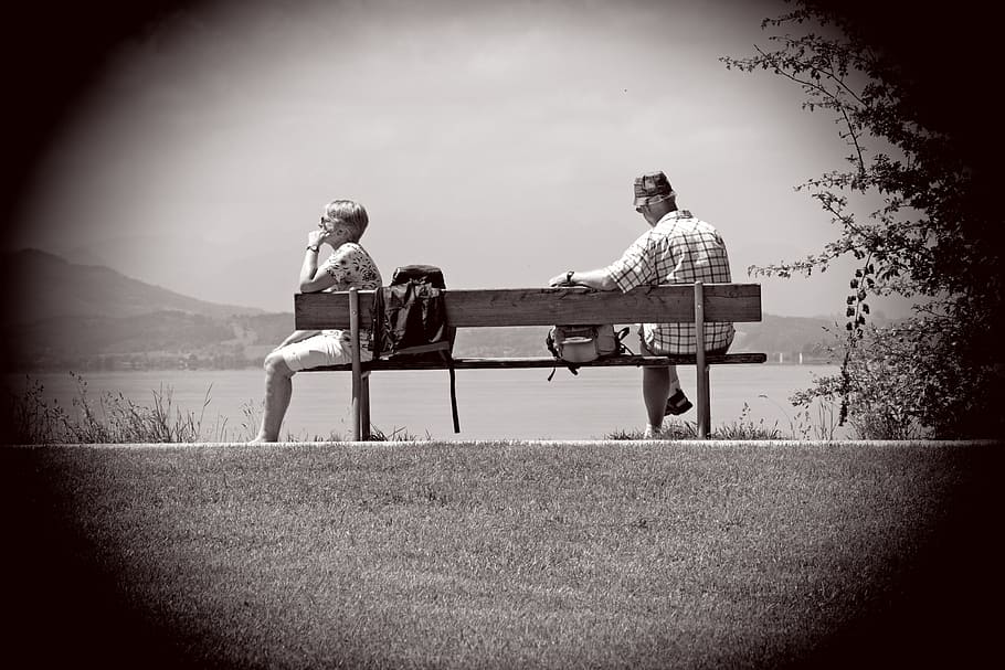 man, woman, sitting, bench, sit, separated, communication, connection, together, two people