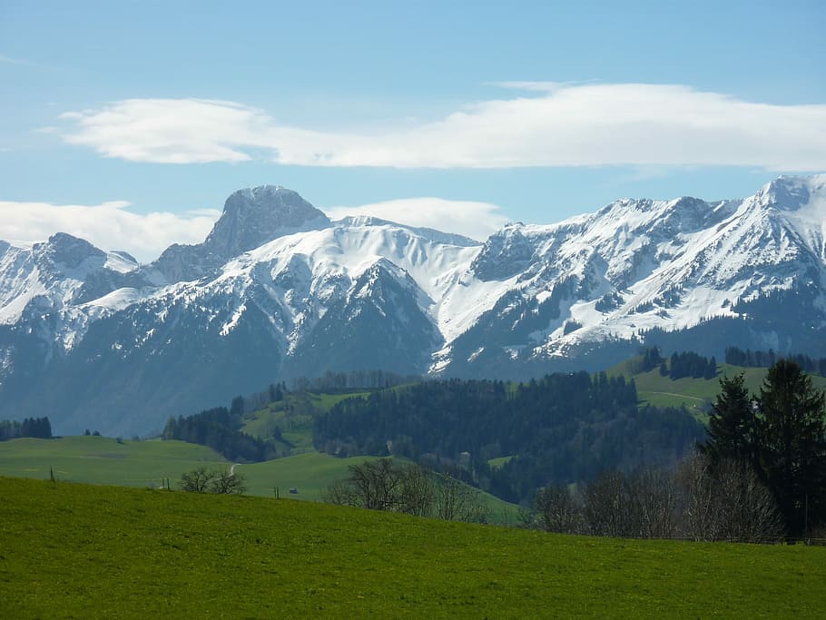 Suíça, Montanhas, Gantrisch, Maciço, maciço gantrisch, país de hambúrguer preto, montanhas de neve, prado, paisagem, verde