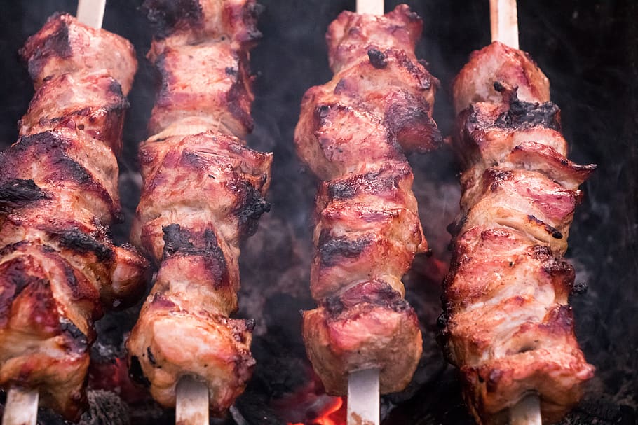 shish kebab, carne, espetos, nutrição, fritura, brasas, piquenique, grelha, espetos de carne, carne grelhada