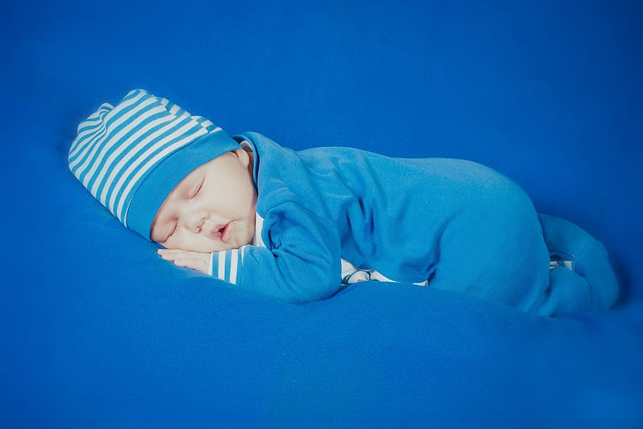 bayi, biru, putih, bergaris, footsie, tidur, anak laki-laki, bayi baru lahir, anak, potret