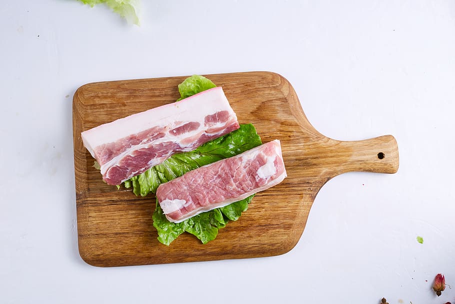 pork, raw meat, three layers of meat, meat, food, vegetables, fresh, cutting board, food and drink, freshness