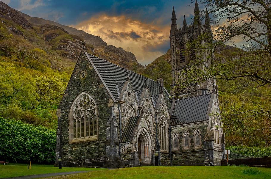 Iglesia, montañas, paisaje, cielo, monasterio, Irlanda, abadía de Kylemore, Galway, lugar de culto, estructura construida