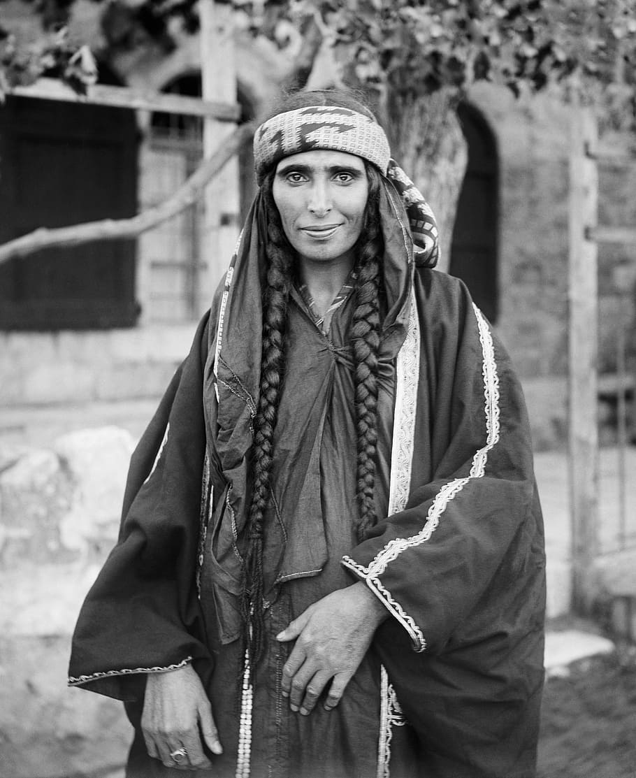 grayscale photography, woman, wearing, long-sleeved, dress, bedouin, nomad, jerusalem, braids, arabic