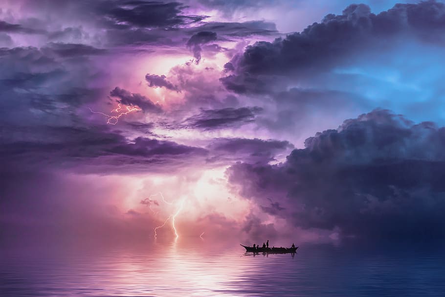 landscape, fantasy, storm, sea, ray, barca, fisherman, sky, cloud - sky, water