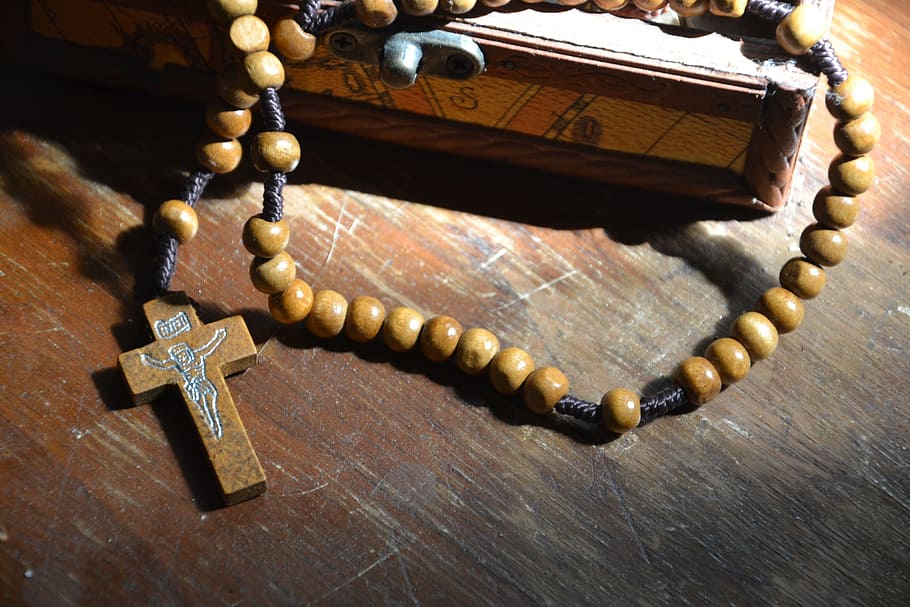 brown, rosary, wooden, board, the rosary, beads, christian, cross, jesus, wood - material