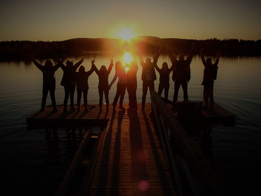 silhouette, standing, wooden, dock, facing, Sunset, Lake, People, joy, happy
