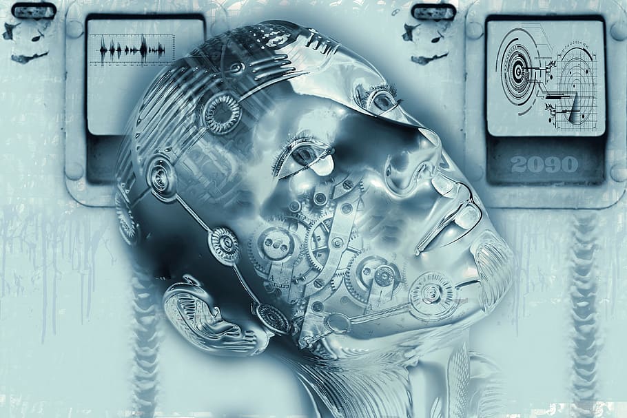 인간의, 머리 컴퓨터 배경, 사이보그, 앞으로, 디지털화, 로봇, 공상 과학, 여자, 디지털, 얼굴