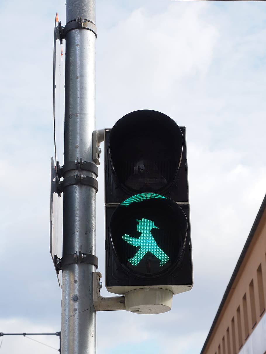 traffic lights, footbridge, Traffic Lights, Footbridge, little green man, traffic signal, green, males, light signal, foot gear males, road sign